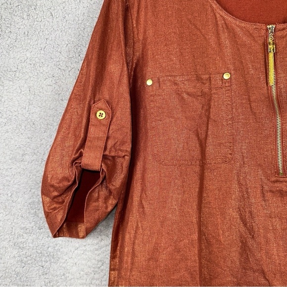 Ellen Tracy Top Womens Large Orange Metallic Linen Rayon Roll Tab Copper Tunic - Picture 7 of 11